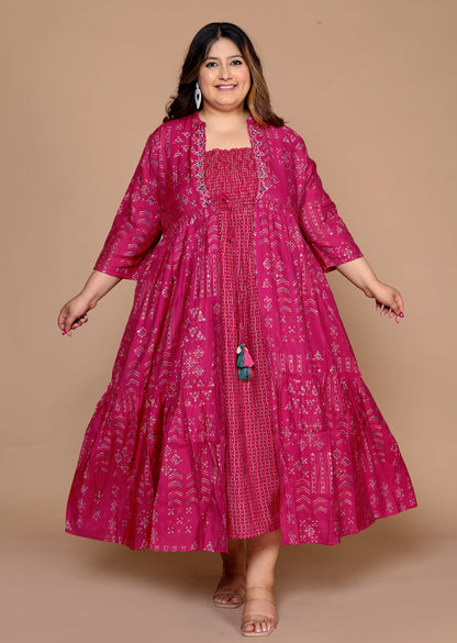 Plus Size Women's Kurti with Printed Long Shrug (  Fuchsia )