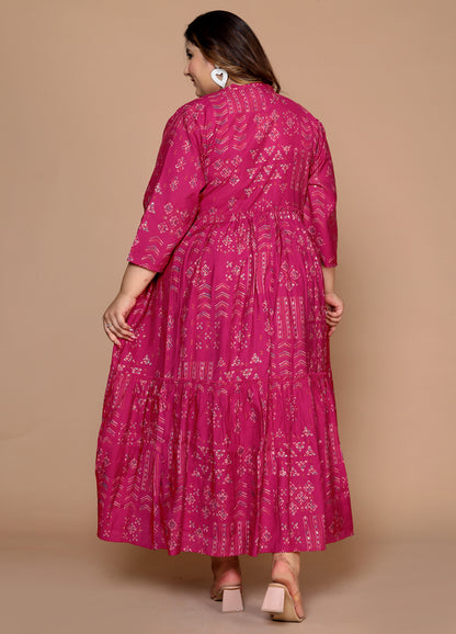 Plus Size Women's Kurti with Printed Long Shrug (  Fuchsia )