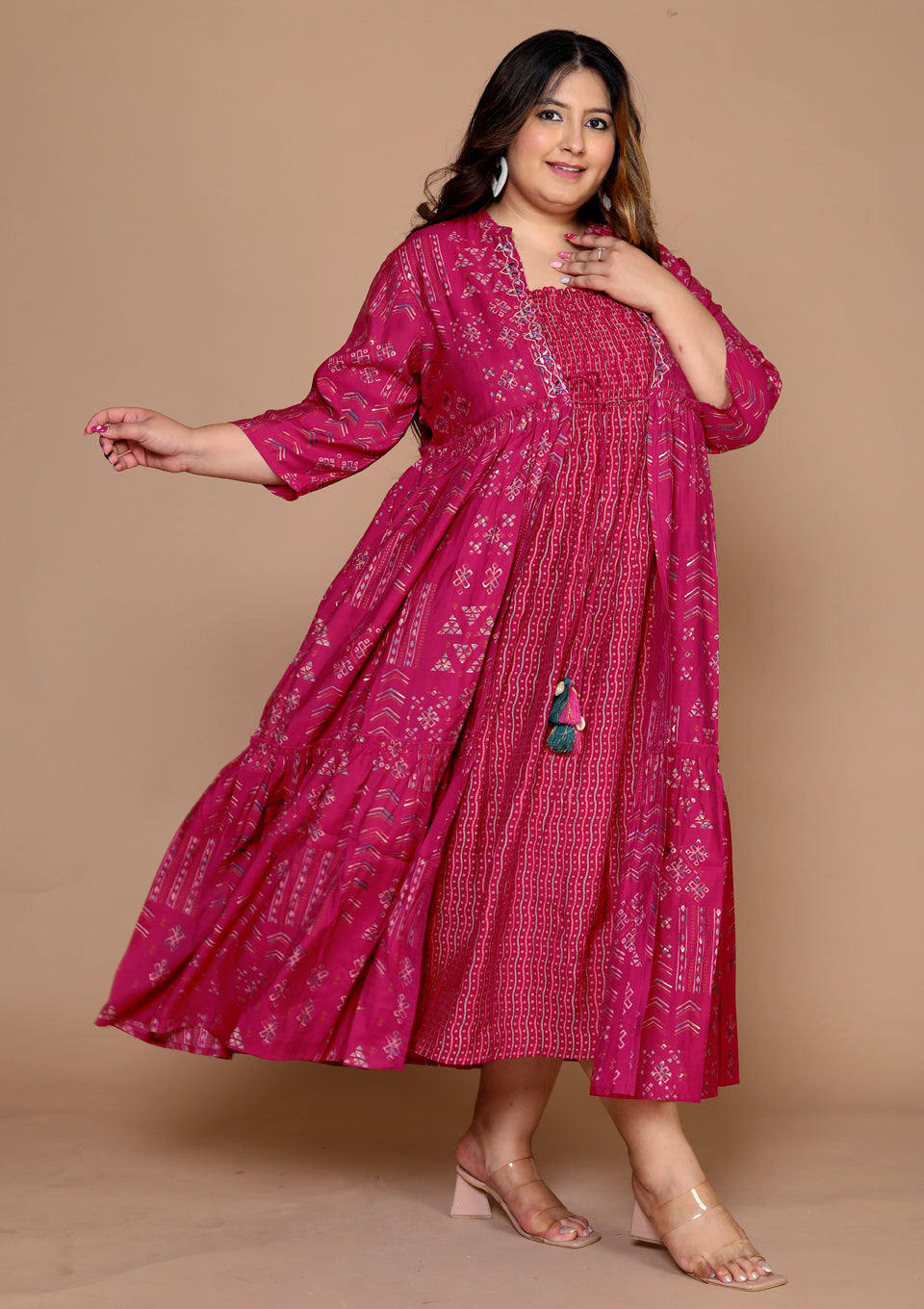 Plus Size Women's Kurti with Printed Long Shrug (  Fuchsia )