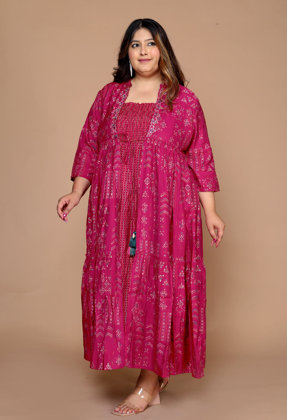 Plus Size Women's Kurti with Printed Long Shrug (  Fuchsia )