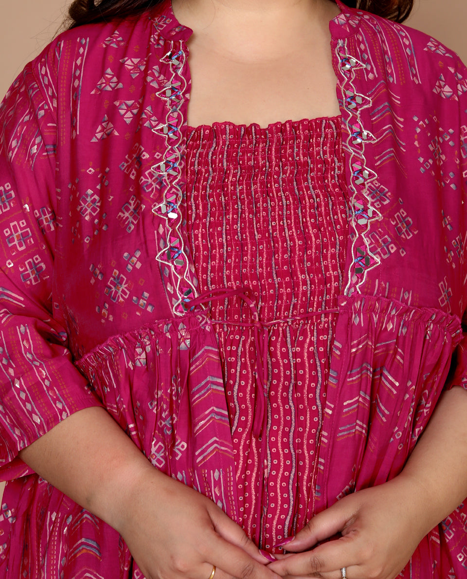 Plus Size Women's Kurti with Printed Long Shrug (  Fuchsia )