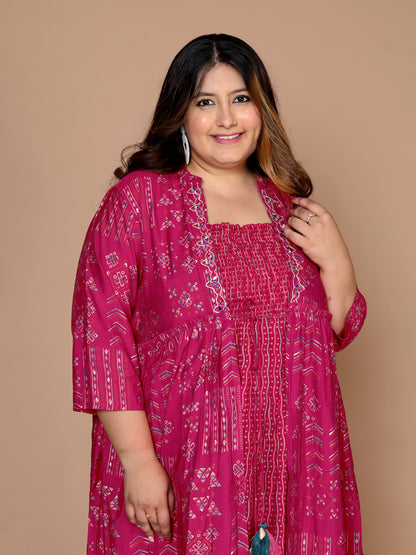 Plus Size Women's Kurti with Printed Long Shrug (  Fuchsia )