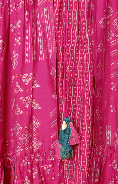 Plus Size Women's Kurti with Printed Long Shrug (  Fuchsia )