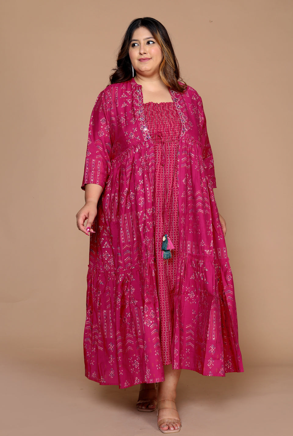 Plus Size Women's Kurti with Printed Long Shrug (  Fuchsia )