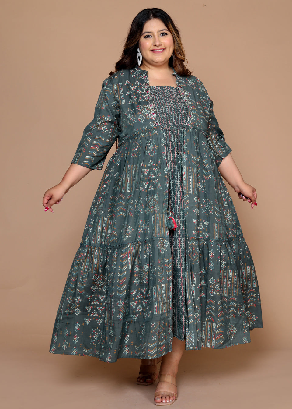 Plus Size Women's Kurti with Printed Long Shrug ( Green )