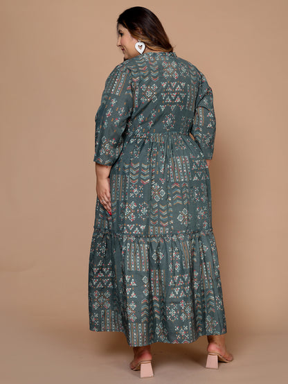 Plus Size Women's Kurti with Printed Long Shrug ( Green )