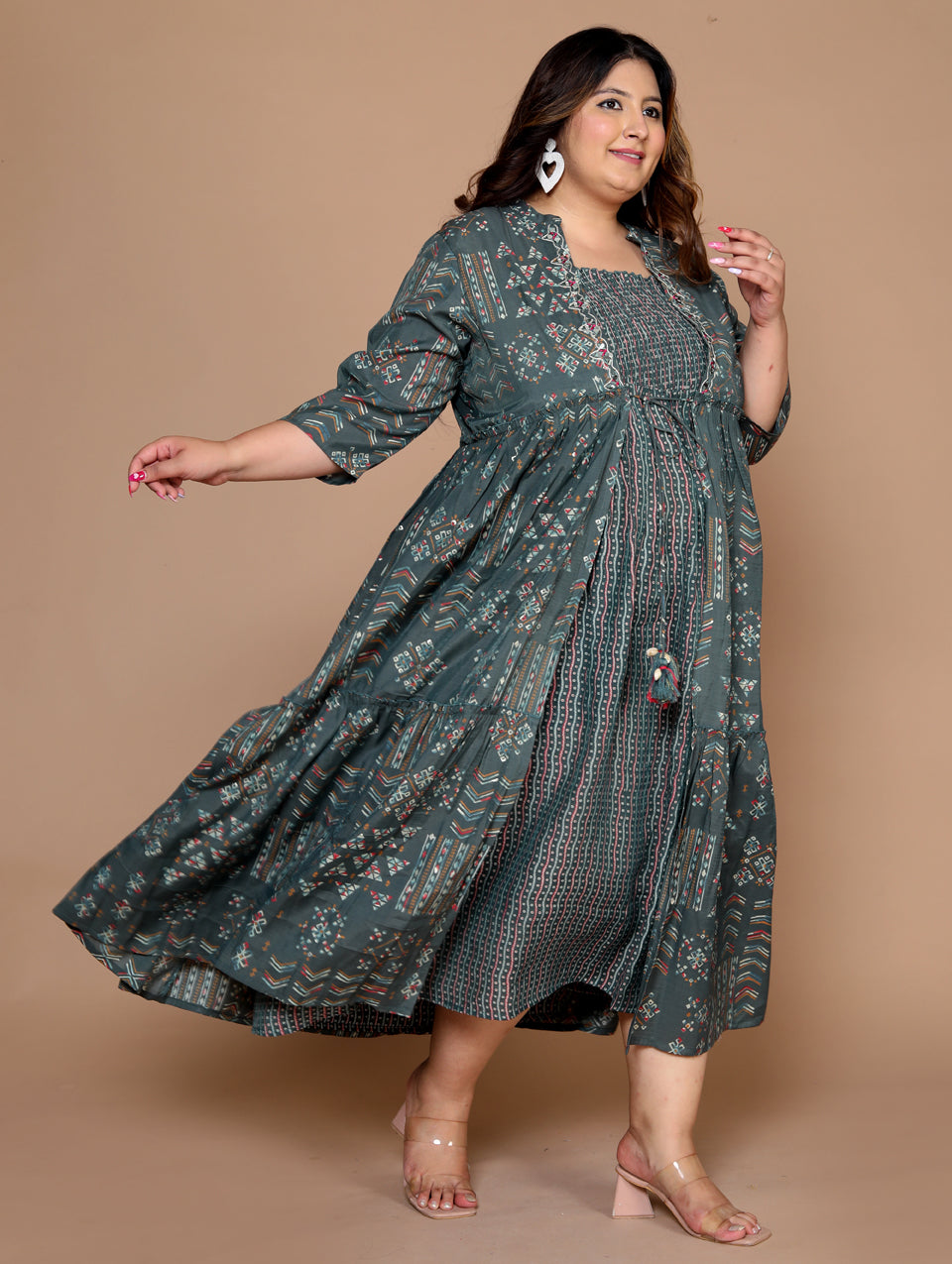 Plus Size Women's Kurti with Printed Long Shrug ( Green )