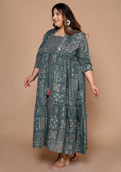 Plus Size Women's Kurti with Printed Long Shrug ( Green )