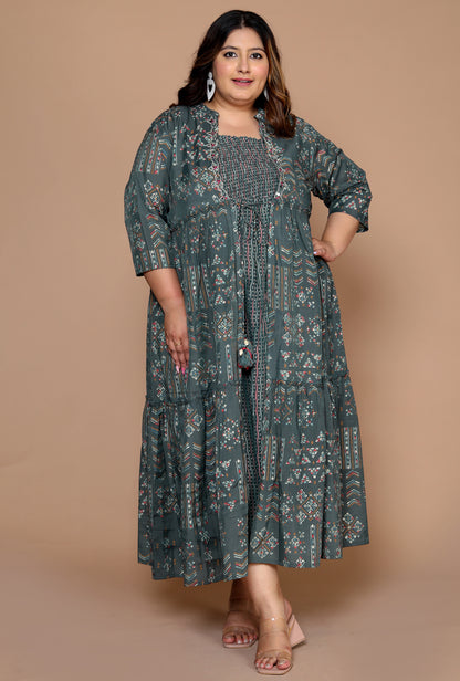 Plus Size Women's Kurti with Printed Long Shrug ( Green )