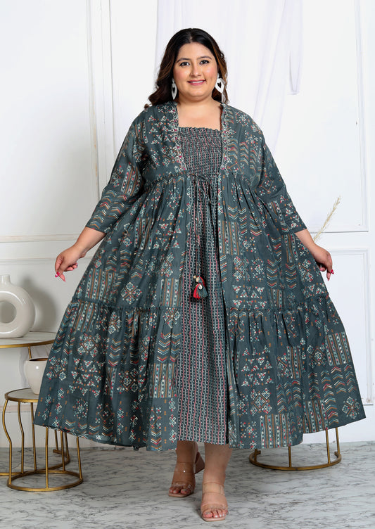 Plus Size Women's Kurti with Printed Long Shrug ( Green )