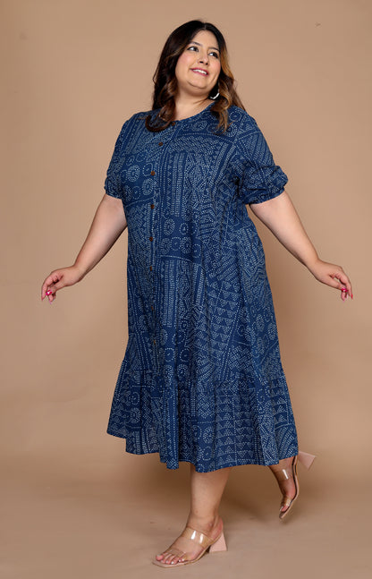 Women Plus Size Printed Ethnic Dress( Indigo )