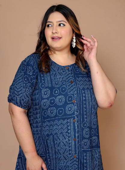 Women Plus Size Printed Ethnic Dress( Indigo )