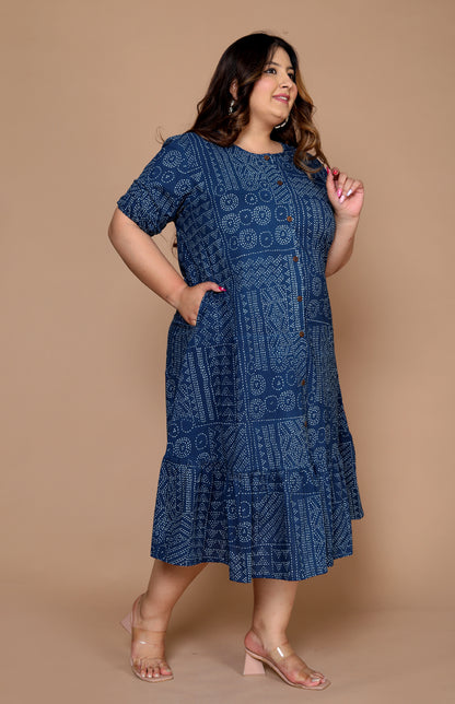 Women Plus Size Printed Ethnic Dress( Indigo )