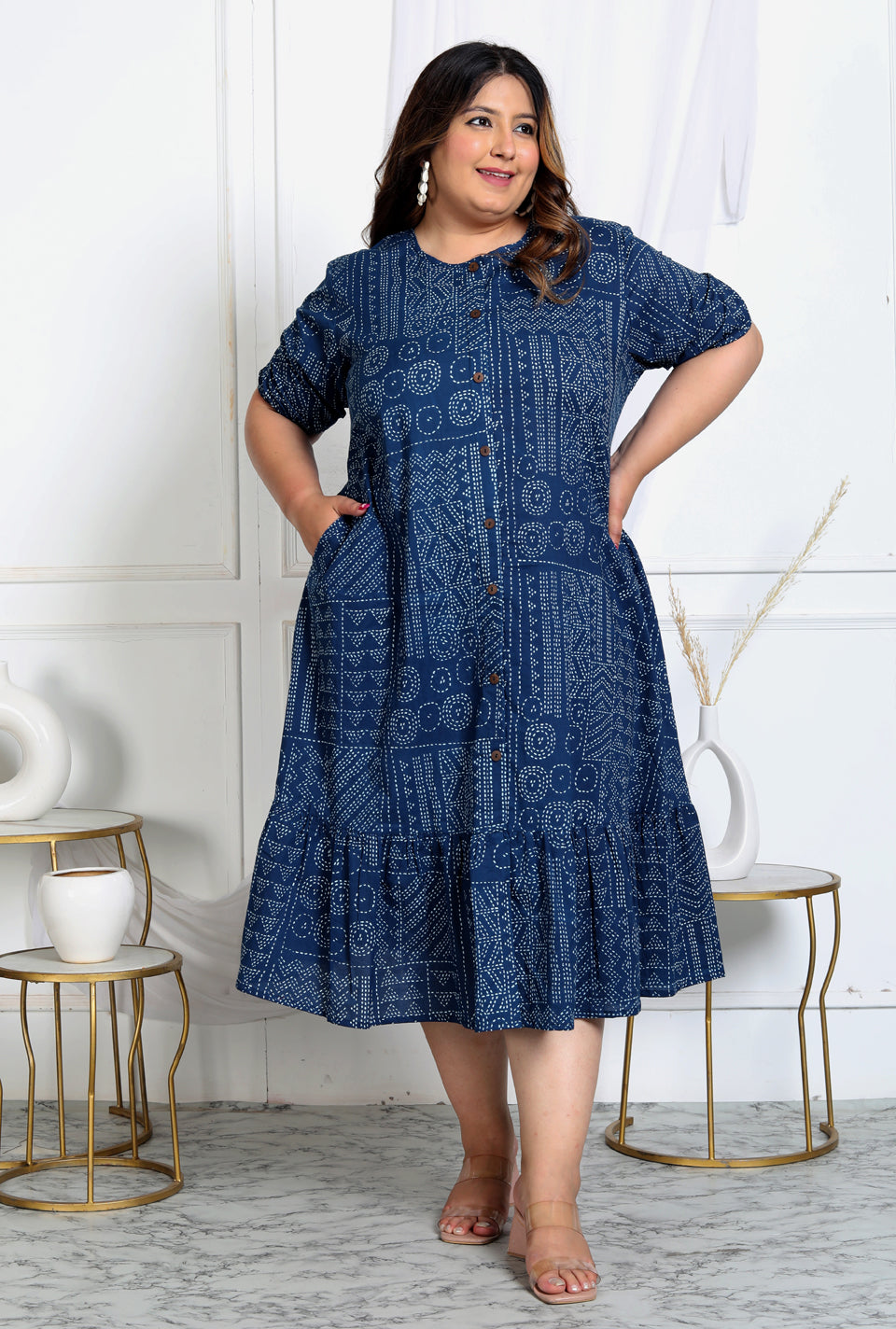 Women Plus Size Printed Ethnic Dress( Indigo )