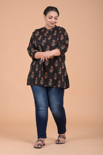 Women Floral Printed Top Kurta ( Black )