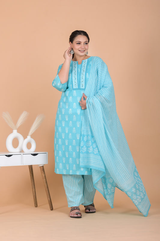 Women Pure Cotton Kurta Pant Dupatta Set ( Blue )