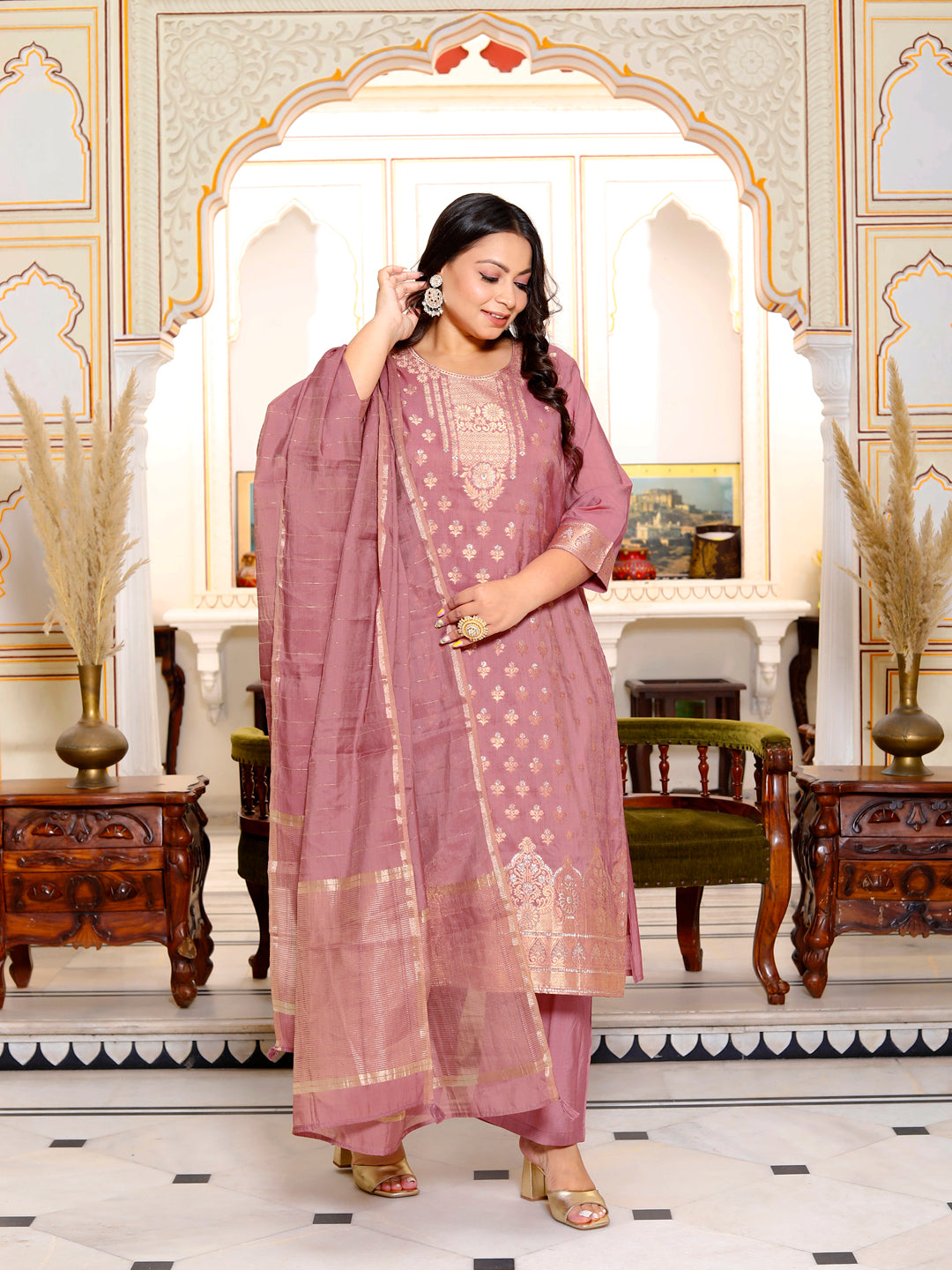 Women Viscose Kurta Pant Dupatta Set ( Rose Pink )