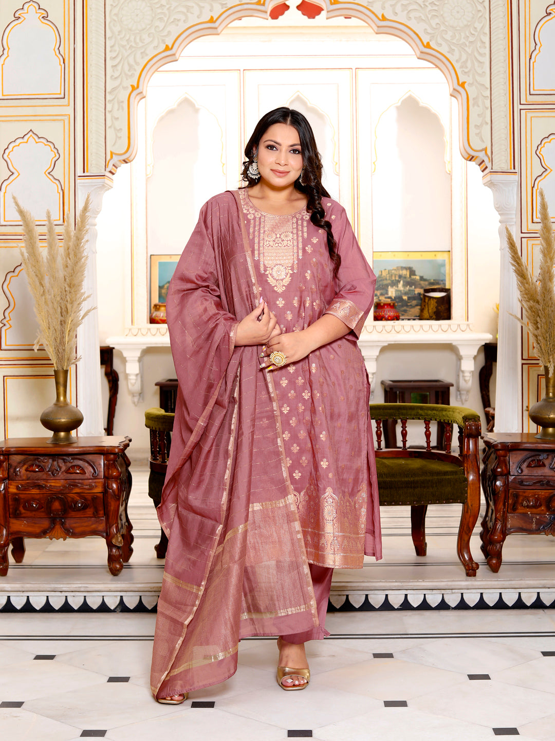 Women Viscose Kurta Pant Dupatta Set ( Rose Pink )