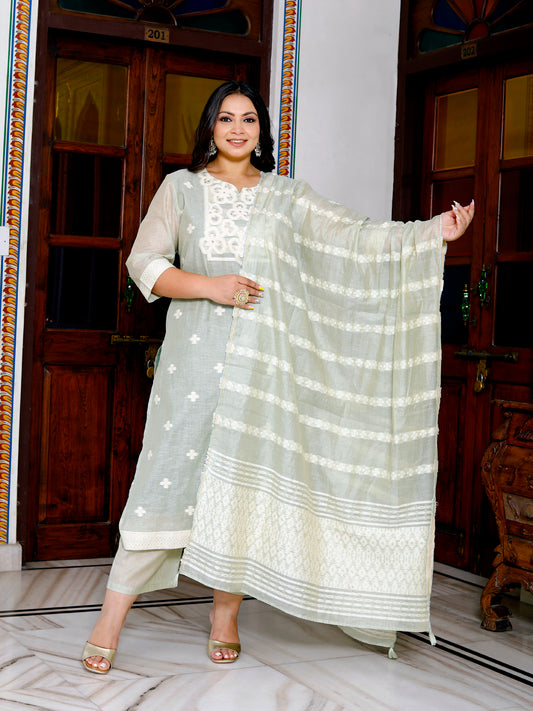 Women Tussar Linen Kurta Pant Dupatta Set ( Mint Green )