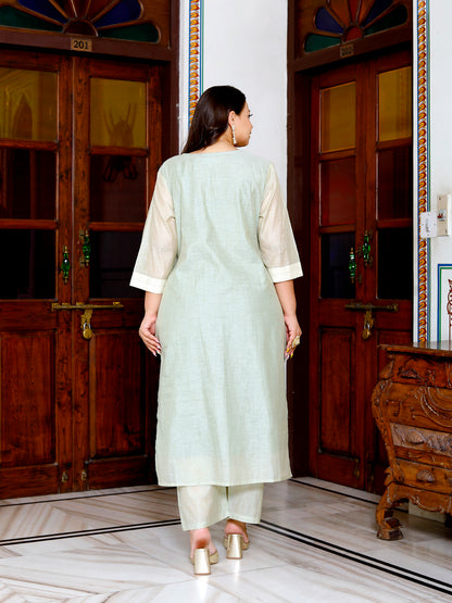 Women Tussar Linen Kurta Pant Dupatta Set ( Mint Green )