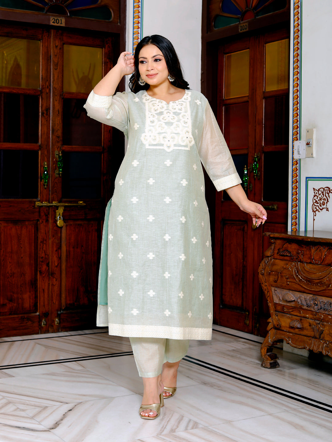 Women Tussar Linen Kurta Pant Dupatta Set ( Mint Green )