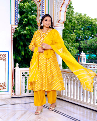 Women Kurta Pant Dupatta Set ( Mustard )