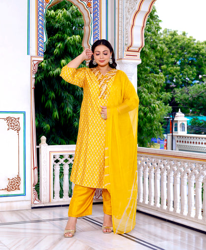 Women Kurta Pant Dupatta Set ( Mustard )