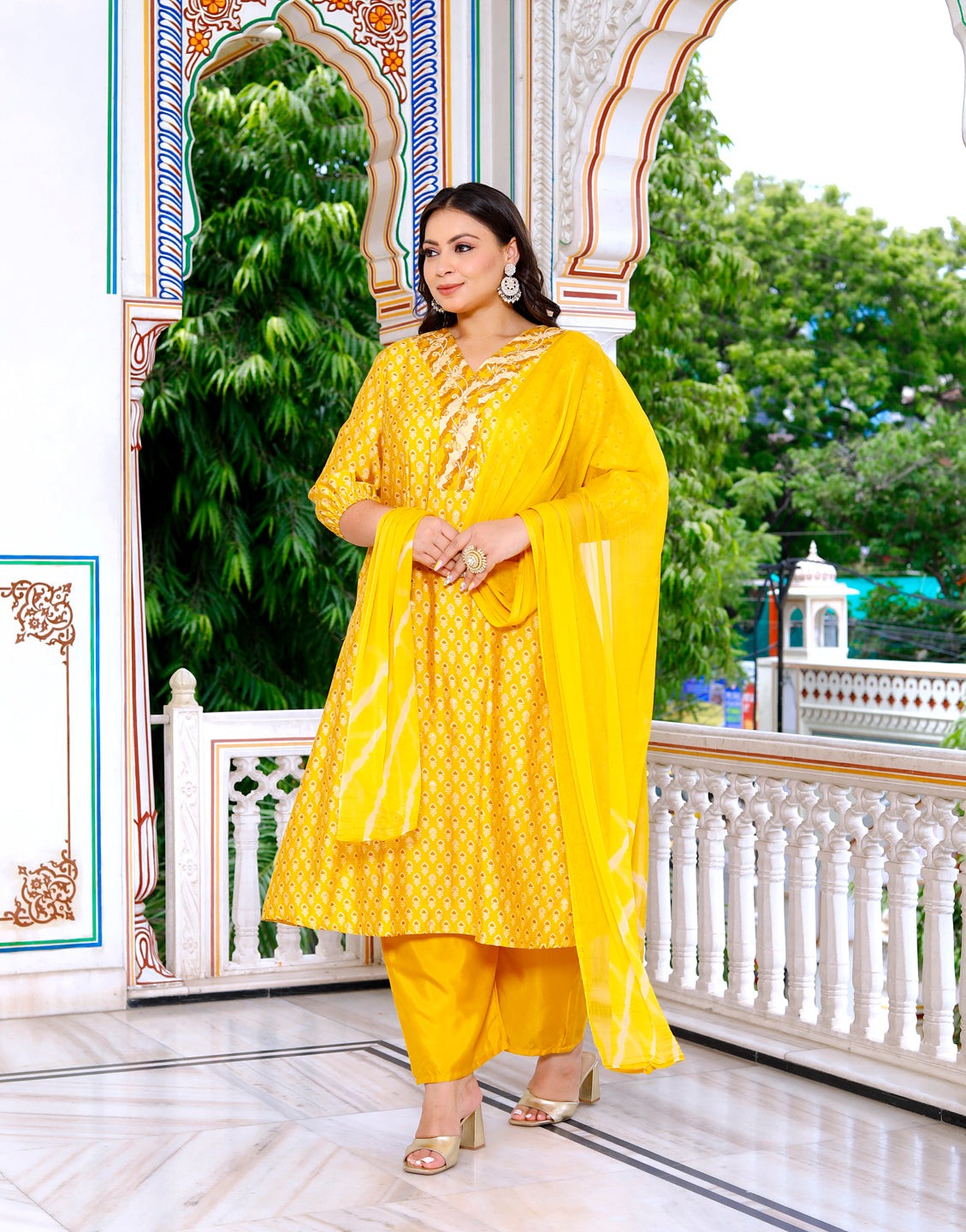 Women Kurta Pant Dupatta Set ( Mustard )