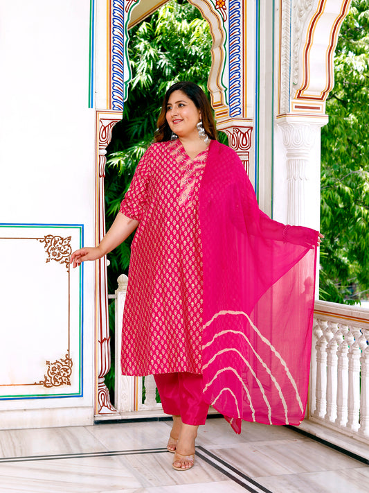 Women Kurta Pant Dupatta Set ( Pink )