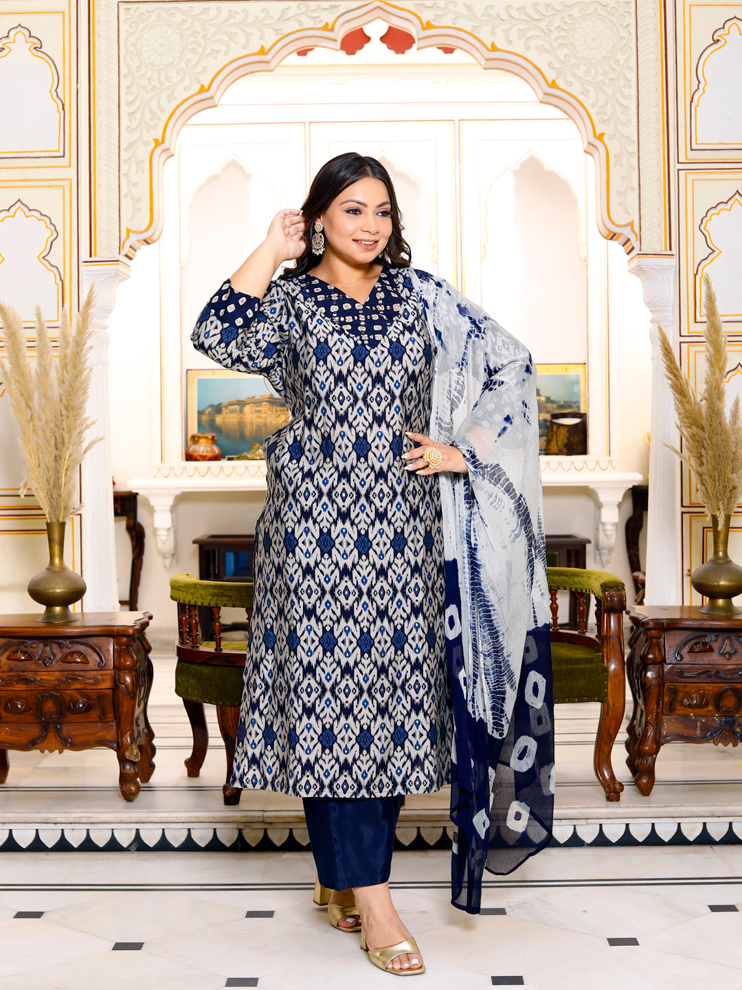 Women Kurta Pant Dupatta Set ( Navy )