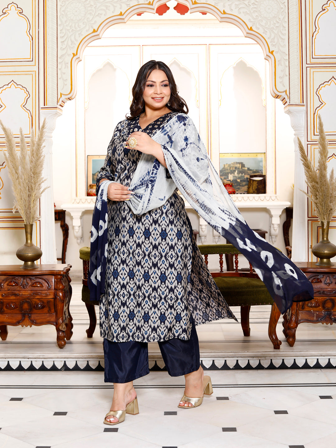 Women Kurta Pant Dupatta Set ( Navy )