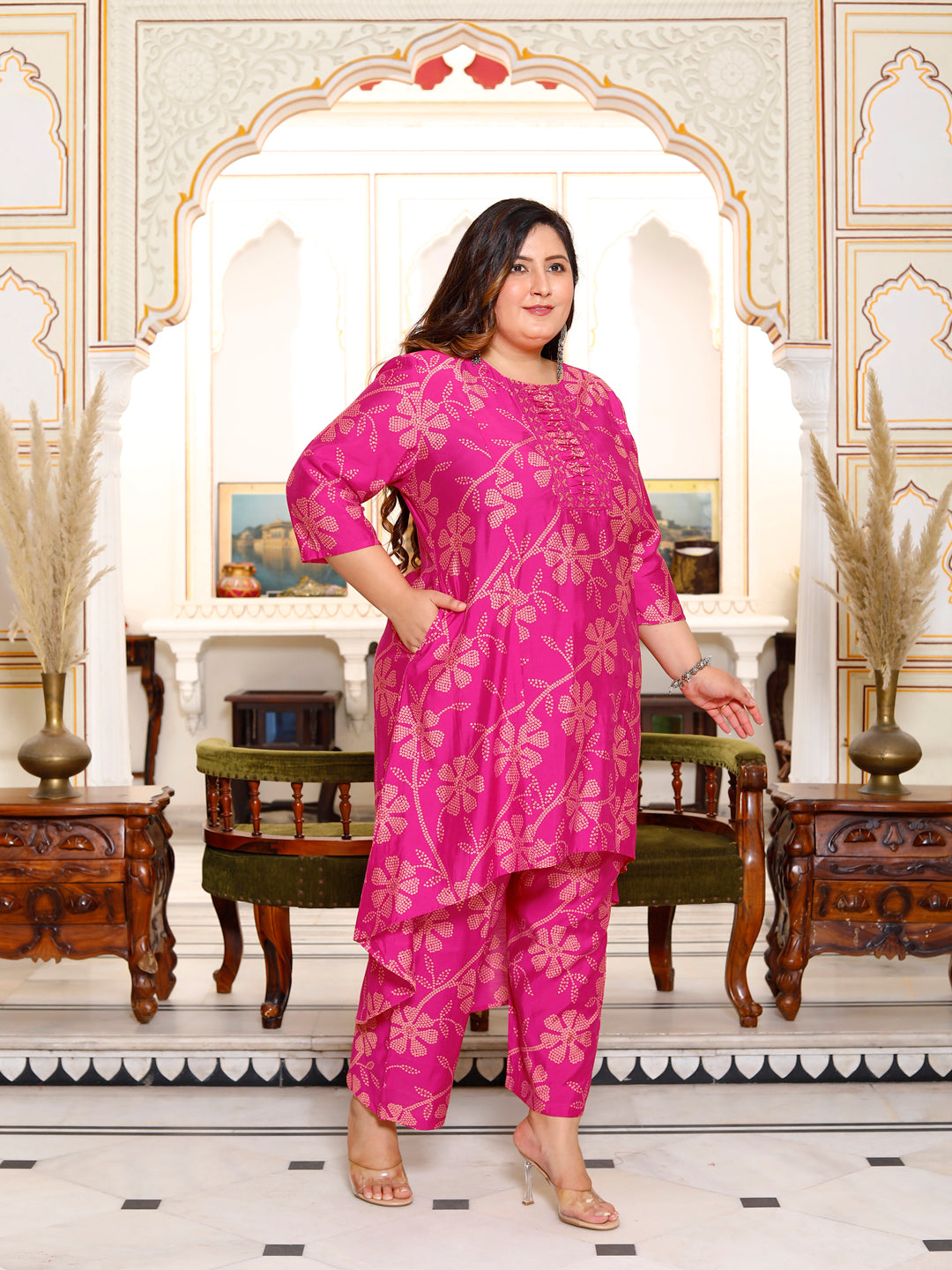 Plus Size Women's Printed Co-ord Set ( Fuchsia )