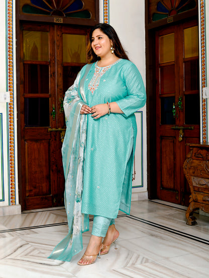 Women Chanderi Kurta Pant Dupatta Set ( Rama )