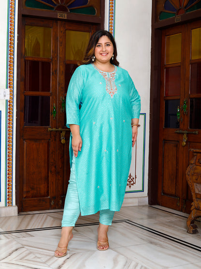 Women Chanderi Kurta Pant Dupatta Set ( Rama )