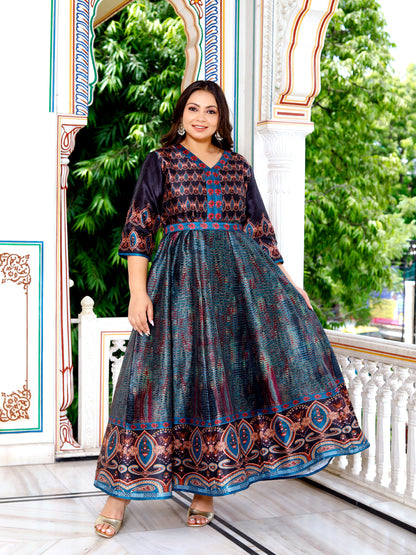 Plus Size Women Printed Gown Kurta ( Green )