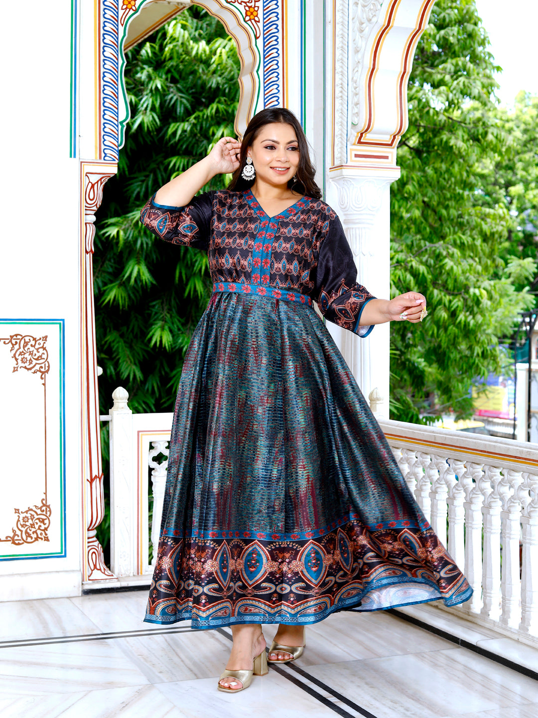 Plus Size Women Printed Gown Kurta ( Green )