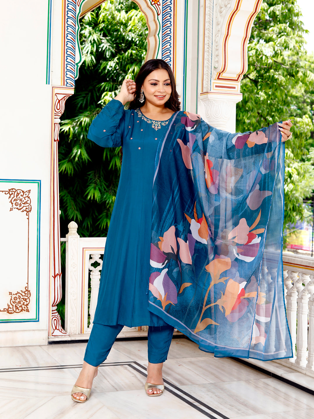 Women Pure Cotton Kurta Pant Dupatta Set ( Blue )