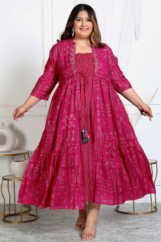 Plus Size Women's Kurti with Printed Long Shrug (  Fuchsia )